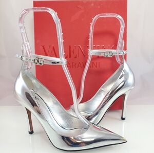 NWT$1200 Valentino Garavani Logo Ankle Strap Silver Tan-Go 100 Heels Sz 36.5 6.5